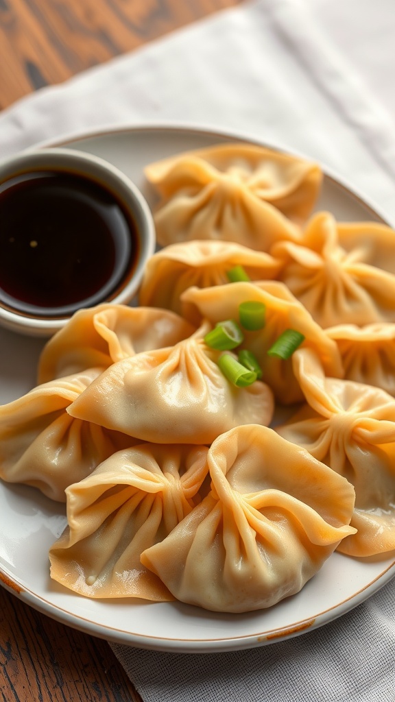 A delightful plate of pork dumplings served with soy sauce, garnished with sesame seeds and green onions.